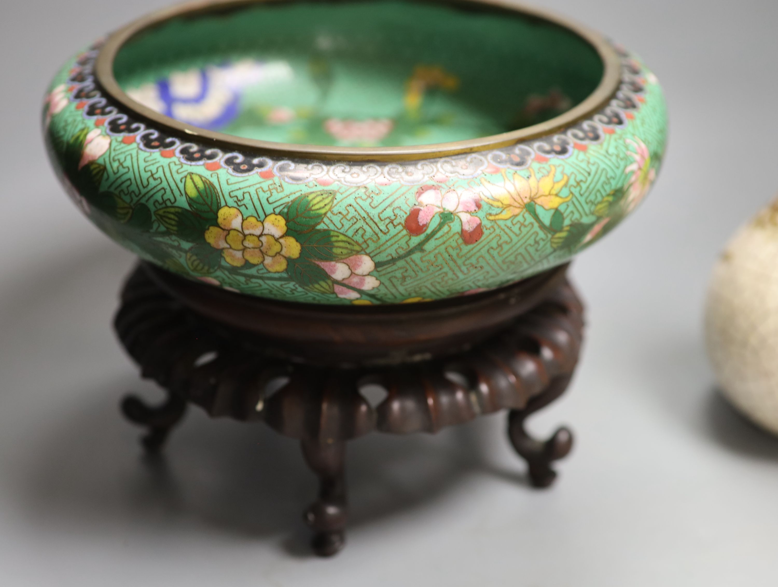 A Chinese cloisonne enamel bowl, wood stand, early 20th century and a Japanese vase